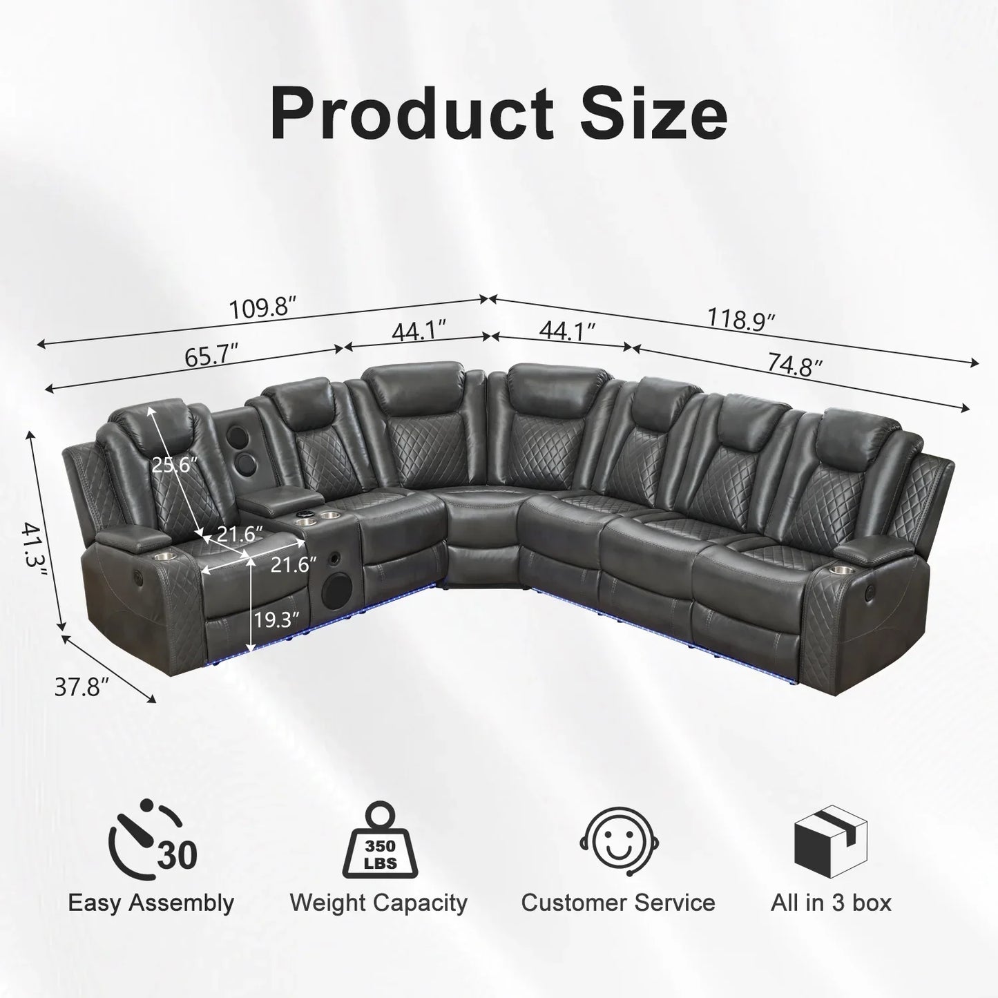 Othniel Power Reclining Sectional Couch with Bass Speaker,Wireless Charger,LED/Reading Light Gray