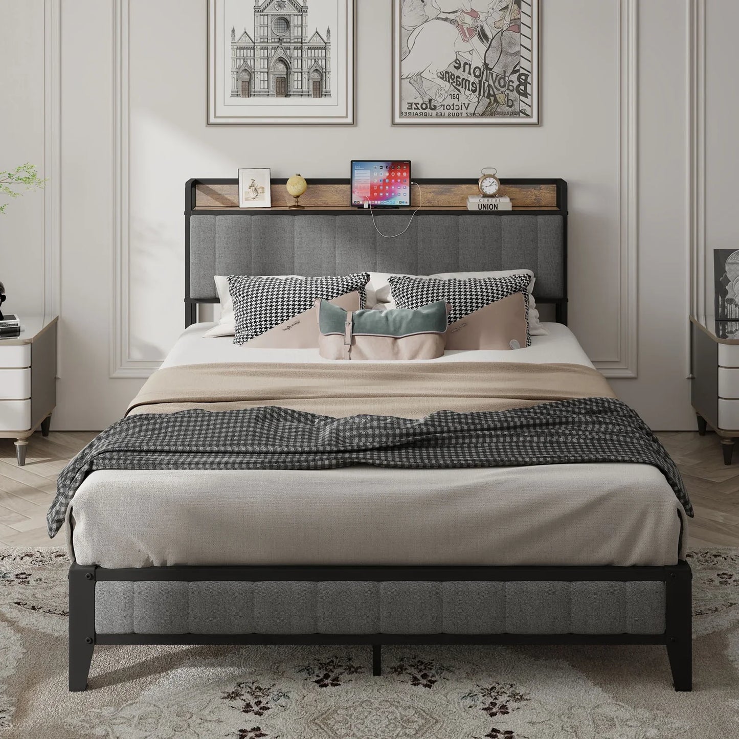 PAPROOS Full Bed Frame with Storage Headboard and Charging Station, Full Size Upholstered Platform Bed, No Box Spring Needed, Gray