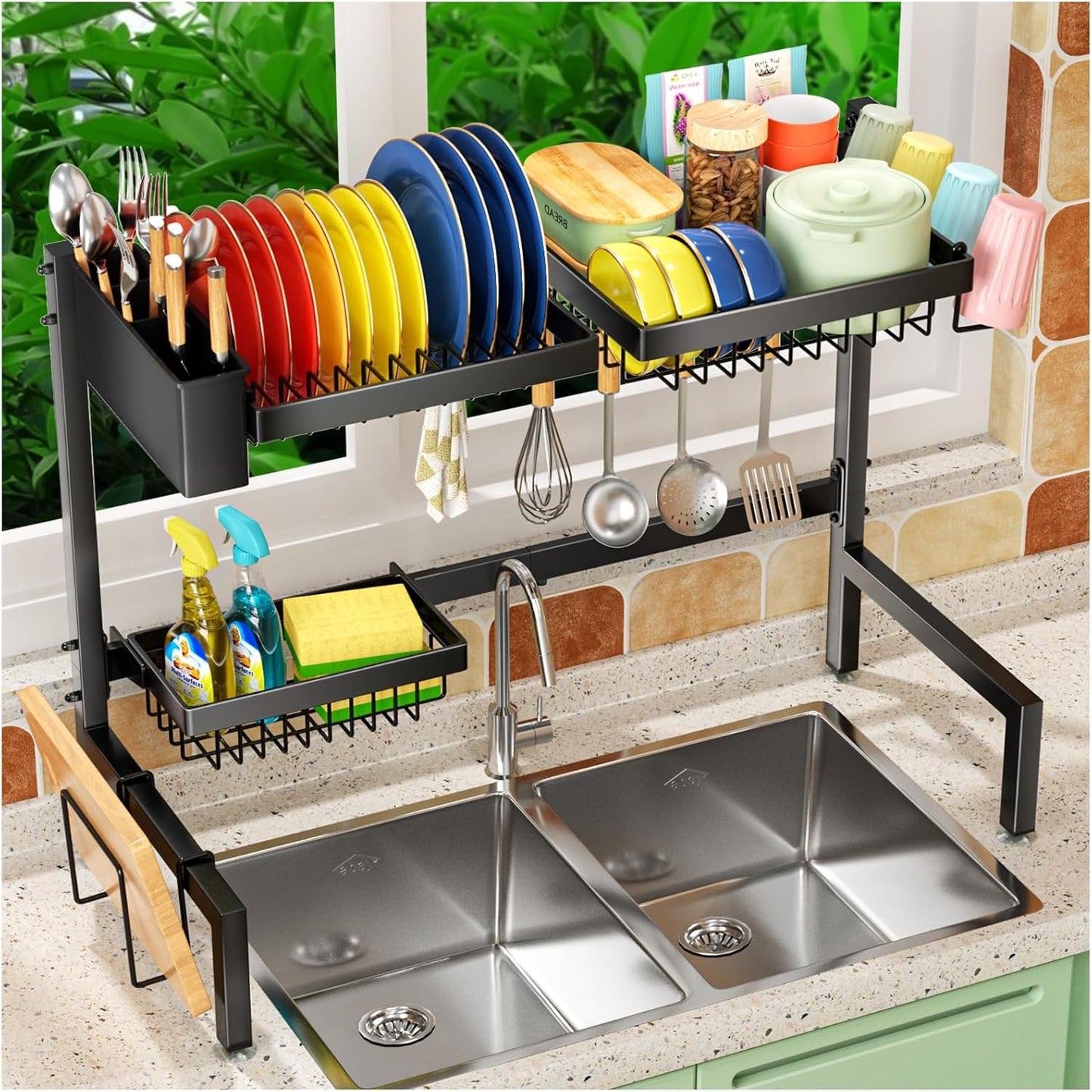 2-Tier Over The Sink Dish Drying Rack, Kitchen Large Dish Drying Rack Over The Sink, Suitable for Most Sinks, Effective Dish Drying, Kitchen Drying Rack(24.8"-35.4")