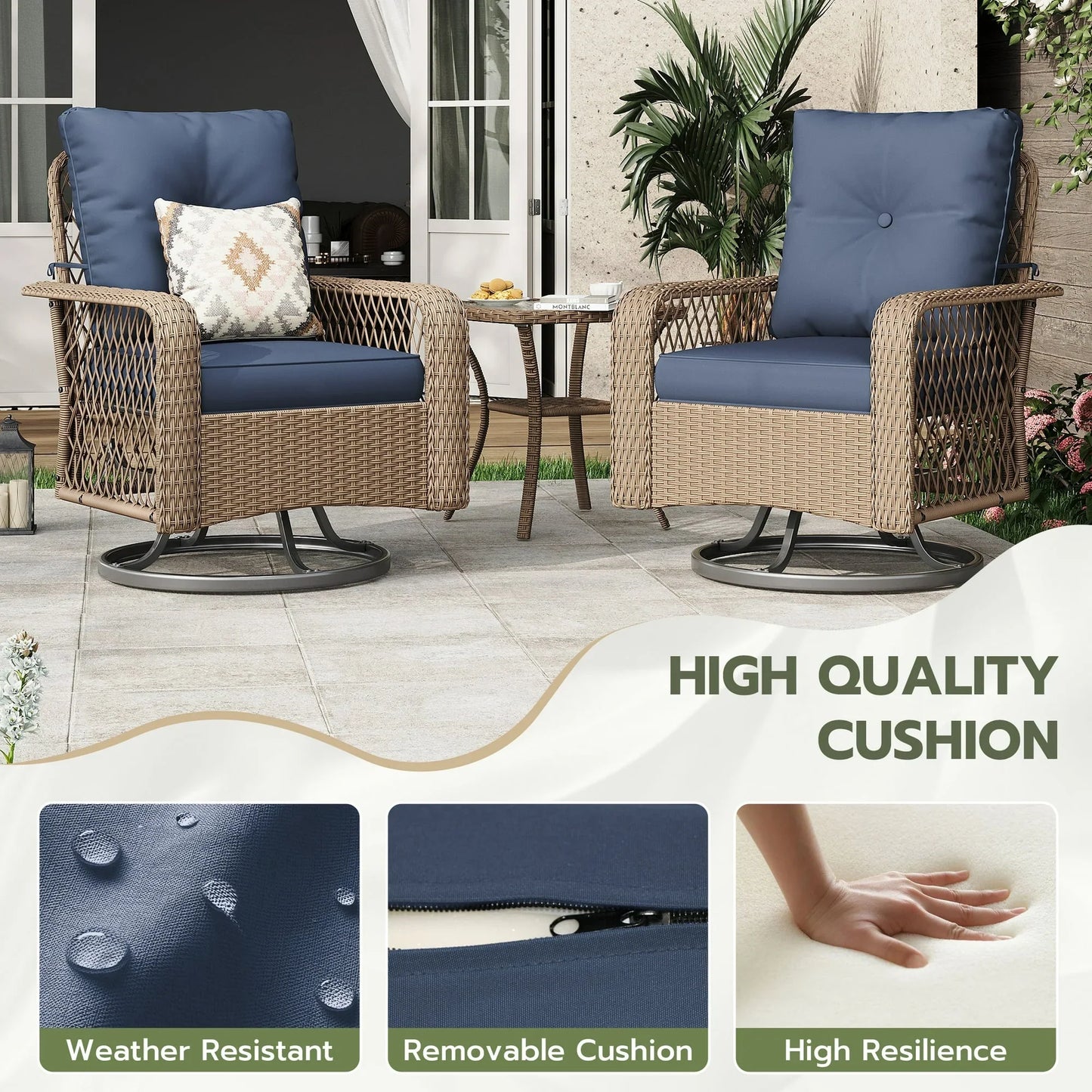 UDPATIO Outdoor Swivel Rocker Chairs, 3 Piece Patio Rocking Chairs with Padded Cushions Patio Bistro Furniture Set with Side Table for Porch Balcony Backyard