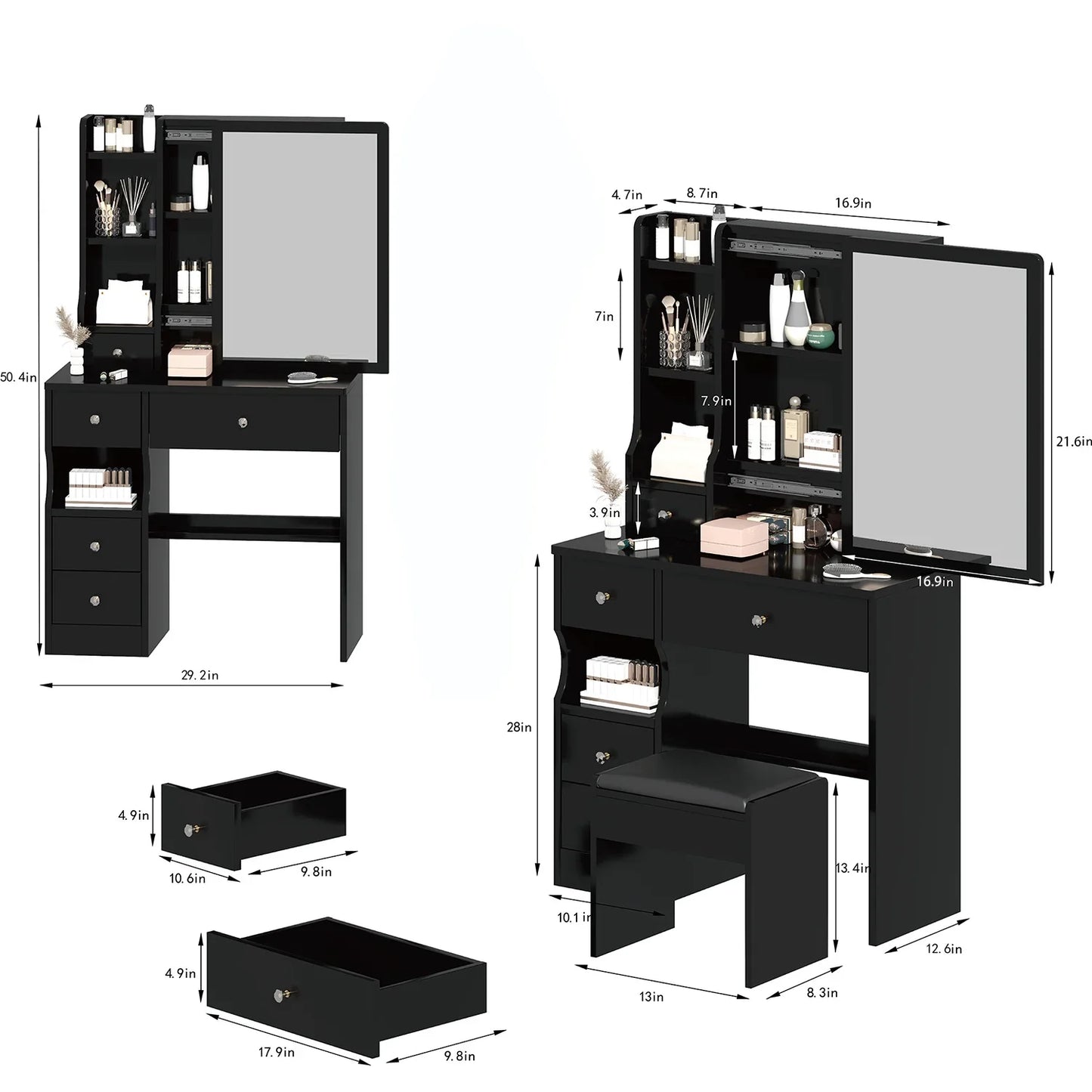 PORKISS Vanity Set with Sliding Mirror for Girls, Vanity Desk with Cushioned Stool and 4 Storage Drawers, Multi-Layer Shelves, Dressing Table for Small Bedroom, Black