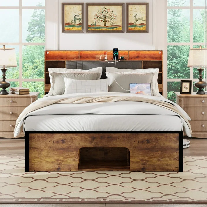 Sesslife Queen Size LED Bed Frame with Pet Bed, Platform Bed with Upholstered Storage Headboard and Charging Station, Modern Wood Bed Frame with Large Under Bed Storage, No Box Spring Needed, Brown