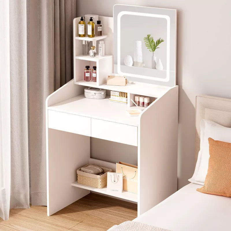 Vanity Desk Set with Square Mirror and Light Small Vanity Tale with Drawers