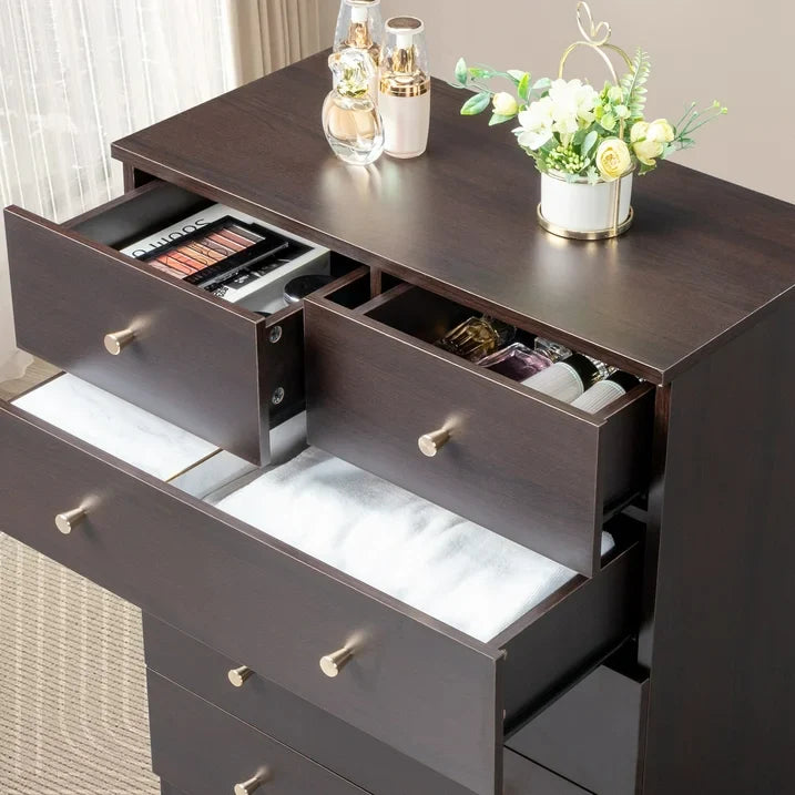 IMKHK 6 Drawer Double Dresser, Wood Wide Chest Of Drawers, Modern Storage Cabinet Dresser Organizer Unit with Matt Gold Handle, Nightstand Storage Tower for Living Room, Bedroom and Hallway, Brown