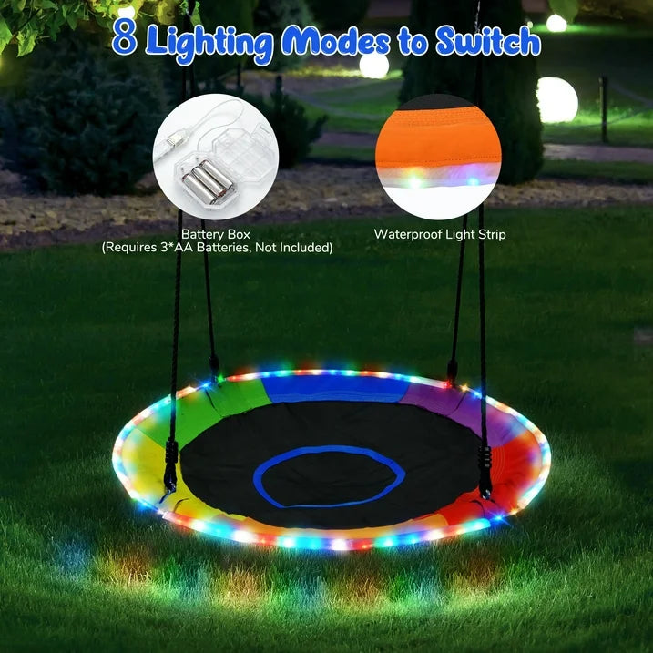 KloKick 700lbs 40 Saucer Tree Swing for Kids Adults Durable Outdoor Swing with LED Lights, 2 Tree Hanging Straps. Rainbow