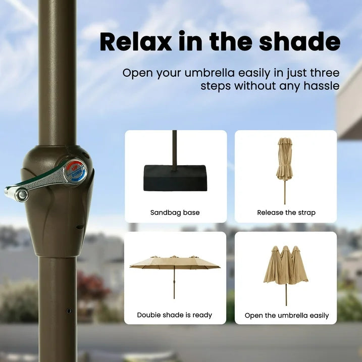 Greforg 15FT Triple Outdoor Patio Umbrella with Base Included Vented Canopy, Waterproof UV Protection, Ideal for Garden, Deck, Poolside, and Restaurant Beige