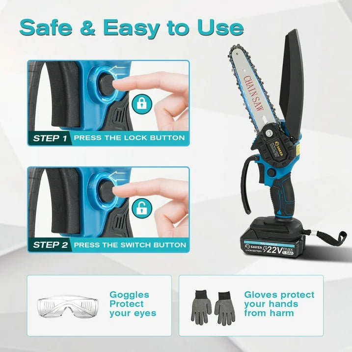 Saker 6 inch Small Handheld Chainsaw with 2 Batteries 2 Chains, Powerful Electric Chainsaw for Efficient Cutting, Ideal for Wood Cutting, Tree Trimming, Blue