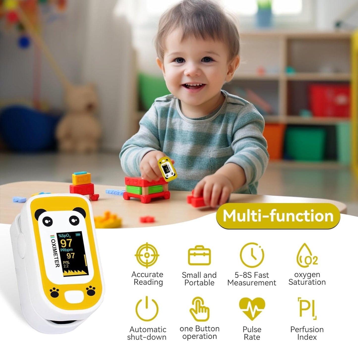 SUWU Pulse Oximeter, Rechargeable Oximeter for Kids Children, Blood Oxygen Saturation, Pulse Rate Monitor, Cute Cartoon Design, USB C Charging,Yellow