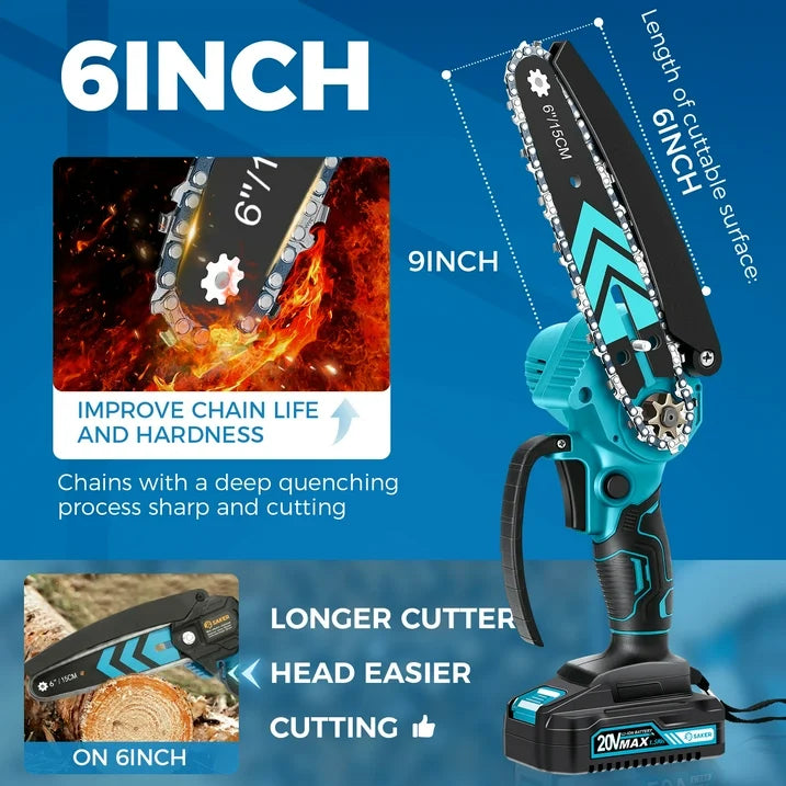 Saker 6 Mini Chainsaw, Cordless Electric Saw for Pruning, Garden Household, 2 1500mAh Batteries