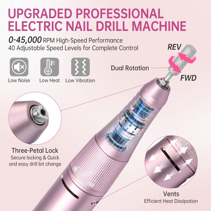Sentryse Electric Nail Drill Machine 45000RPM Professional Rechargeable Nail File with LCD Display Base 7 Bits, Nail Drill Kit for Manicure, Pedicure, Acrylic Nails Gel Polishing, Pink
