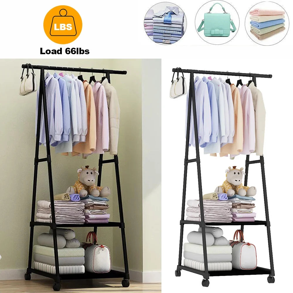 Clothes Rack on Wheels, Stainless Steel Rolling Garment Rack with with 2-Tier Storage Shelves and 2 Coat Hooks for Shoes, Clothing, Portable Garment Laundry Rack for Home Office