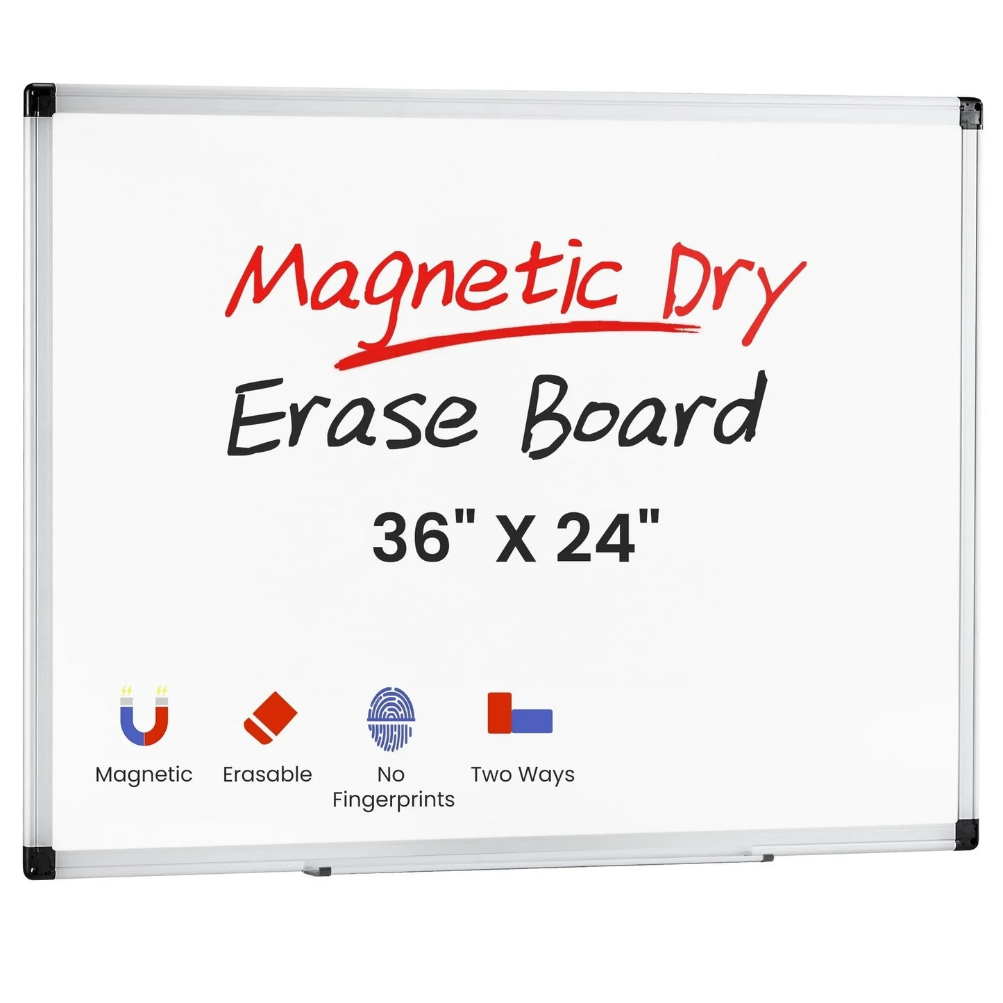 EDX Magnetic Dry Erase Board, 36 X 24 Inches, Two Mounting 0ptions, Horizontal or Vertical,With Left and Right Removable Pen Tray, Silver Aluminium Frame, White