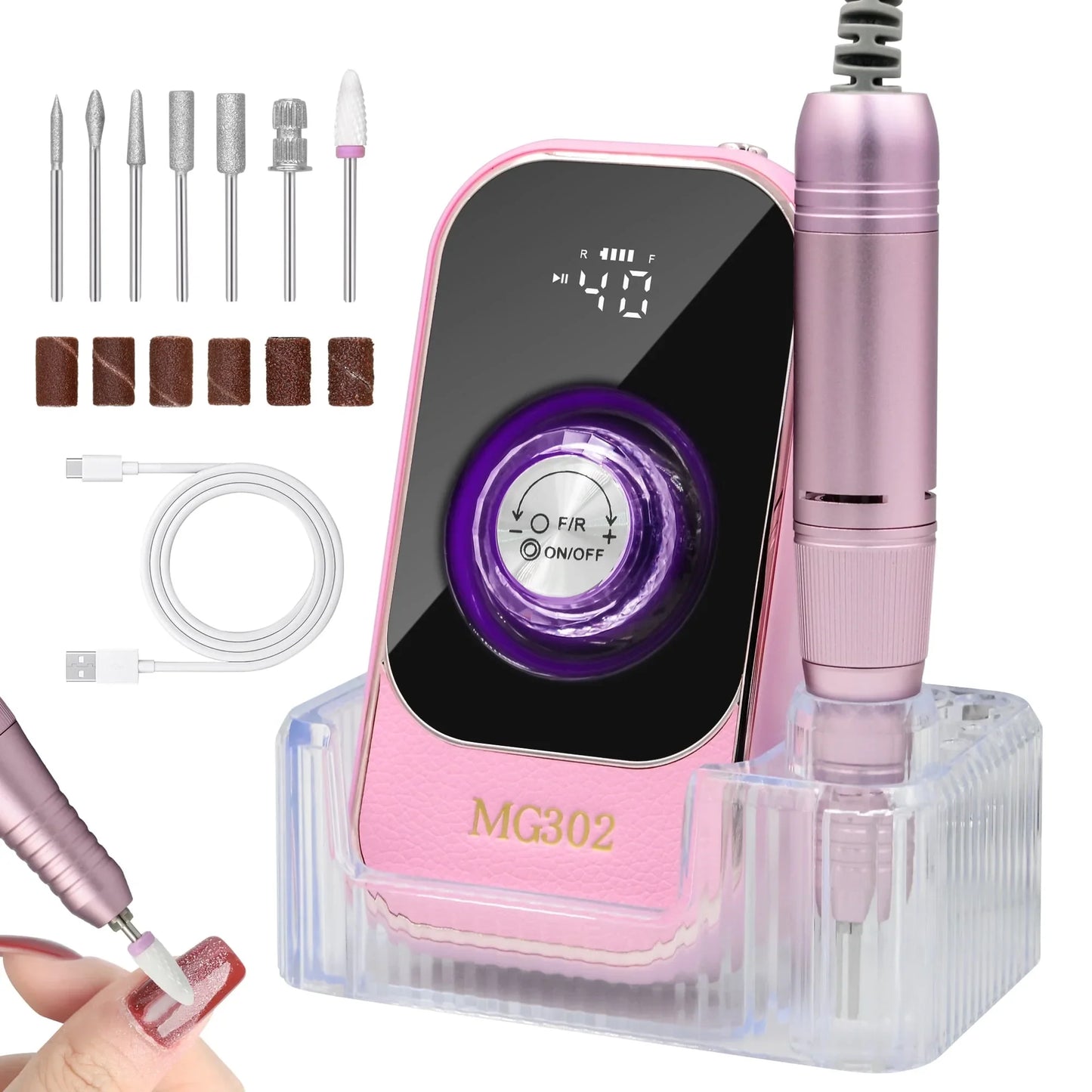 Sentryse Electric Nail Drill Machine 45000RPM Professional Rechargeable Nail File with LCD Display Base 7 Bits, Nail Drill Kit for Manicure, Pedicure, Acrylic Nails Gel Polishing, Pink