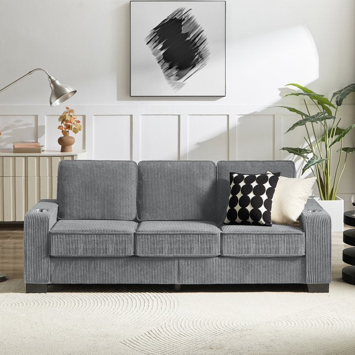 PAPROOS 3-seater Sofa for Living Room, Modern Corduroy Compressed Couch with Cup Holders, Apartments Sofa with Removable Back Cushion, Easy Assembly, Home Sofa Living Room, Gray
