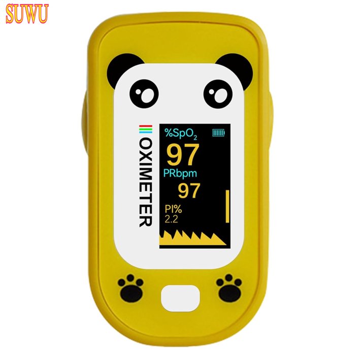 SUWU Pulse Oximeter, Rechargeable Oximeter for Kids Children, Blood Oxygen Saturation, Pulse Rate Monitor, Cute Cartoon Design, USB C Charging,Yellow