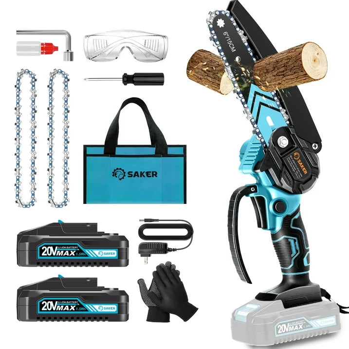 Saker 6 Mini Chainsaw, Cordless Electric Saw for Pruning, Garden Household, 2 1500mAh Batteries