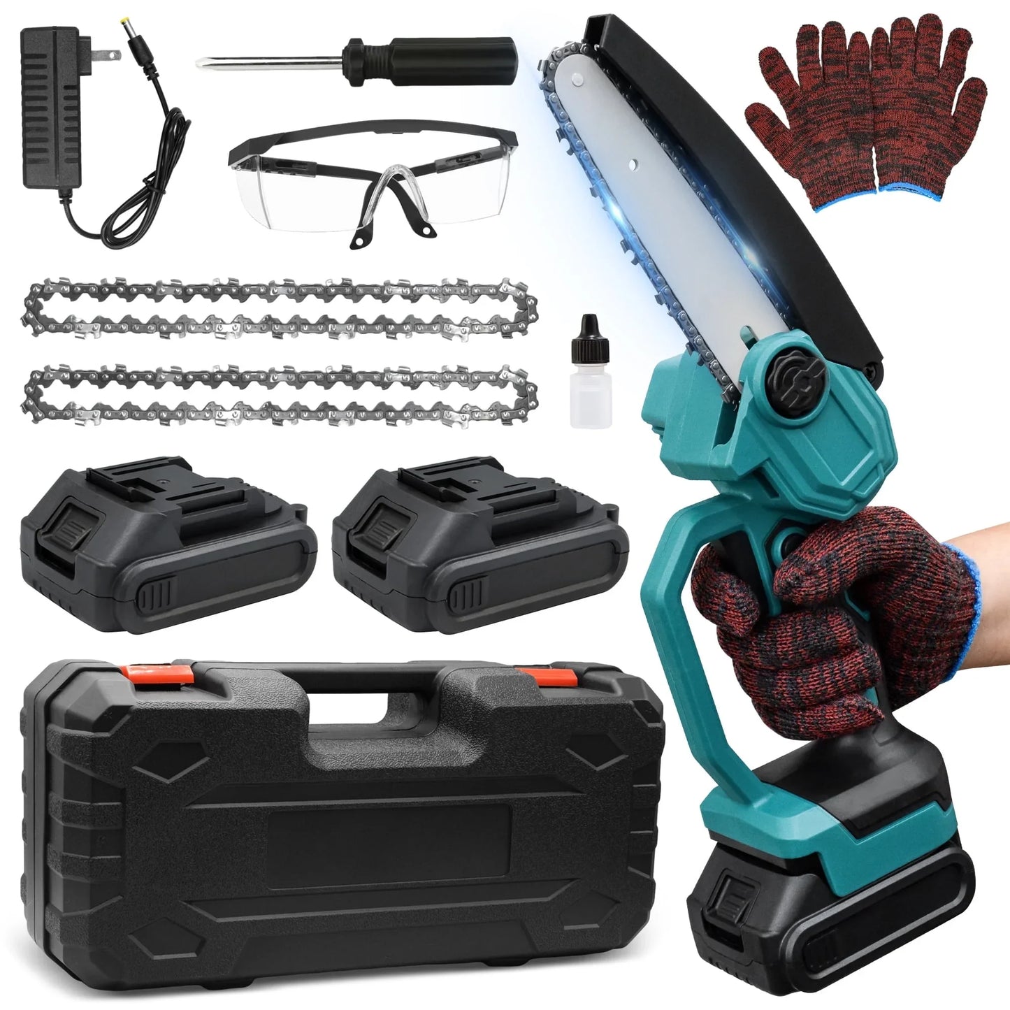 Tidymend Mini Chainsaw 6 Inch, 21 V Battery Powered Electric Chain Saw, Cordless Chainsaw with 2 Batteries 2 Chains Charger