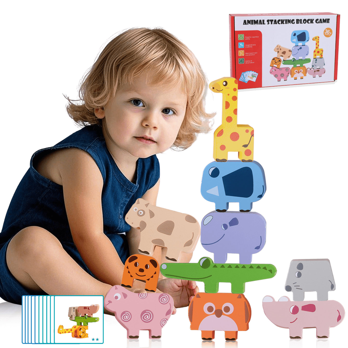 QXQ Montessori Toys for 1 2 3 4 Year Old Boys Girls, 10 pack Wooden Animal Blocks Sorting Stacking Education Toddler Puzzles Toys, Toddler Toys Age 2 4 4 6 Year Old Girl Boy Birthday Gifts