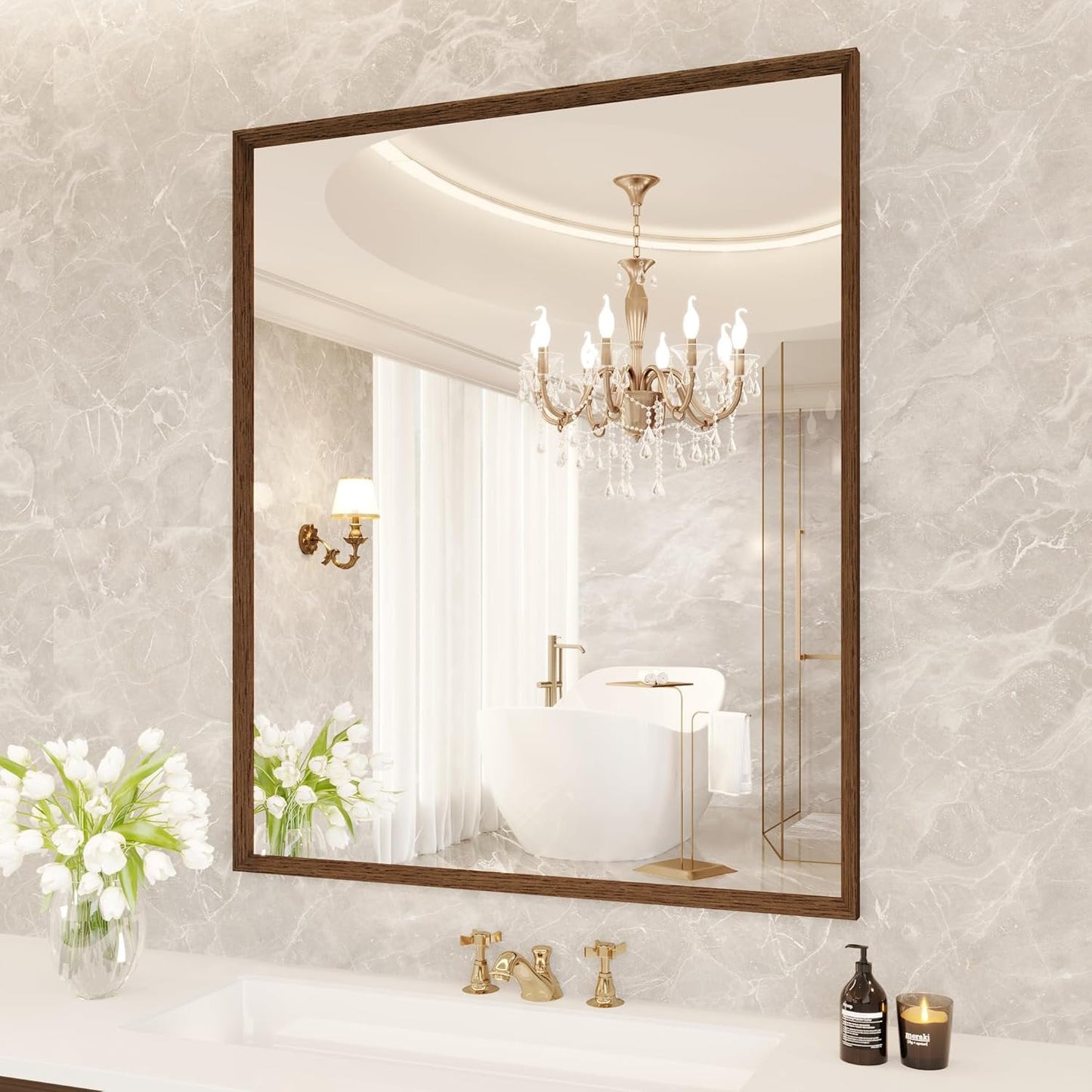 Swafrrt 22 x 30 Bathroom Wall Mirror with Walnut Wood Grain Framed, Vanity Mirror Anti Rust, Anti Fog, Waterproof