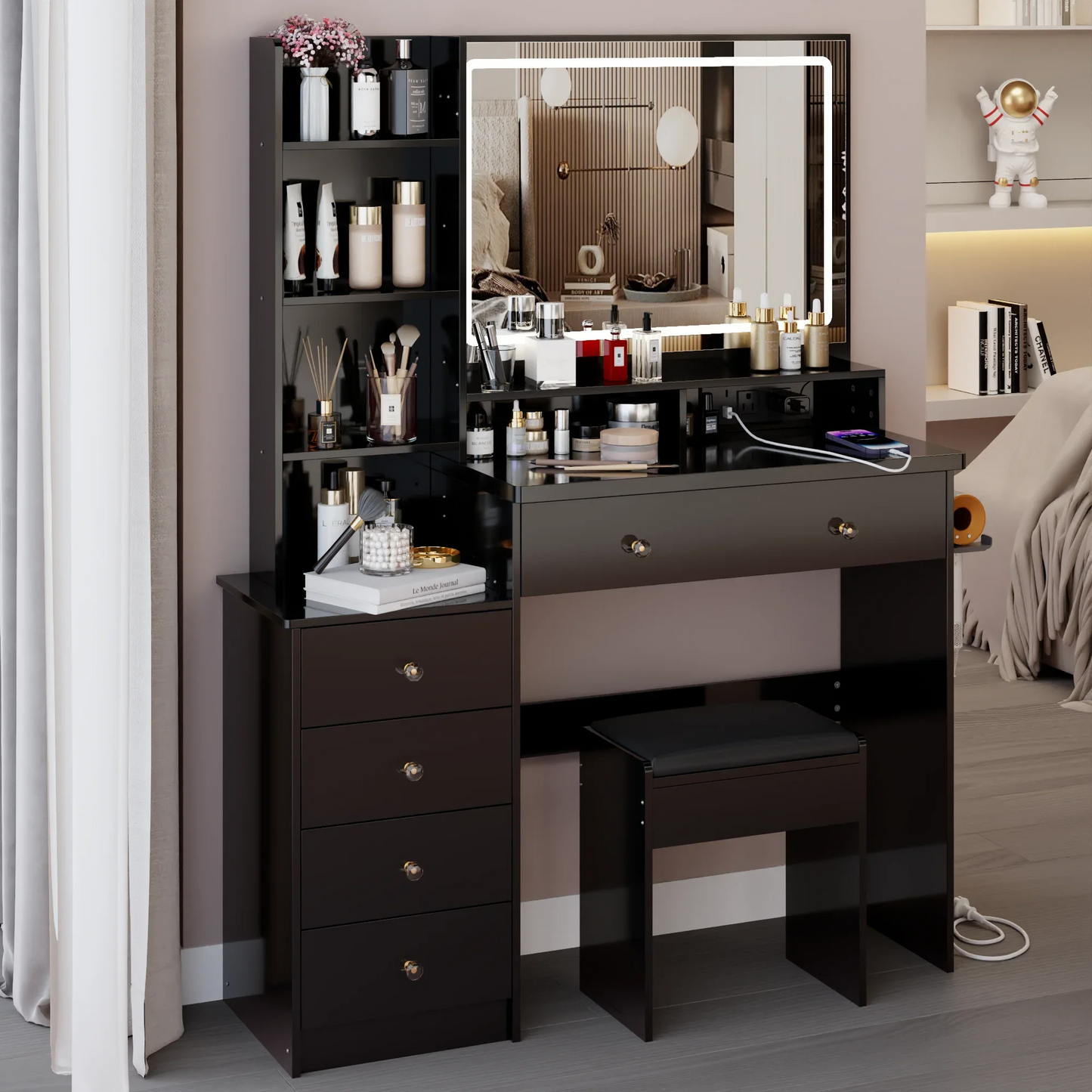 Vanity Set with Mirror and Lights, Modern 41" Lighted Makeup Vanity Table Set with Charging Station, Vanity Desk with Chair Set for Girls, Dressing Table with Drawers for Bedroom, Black