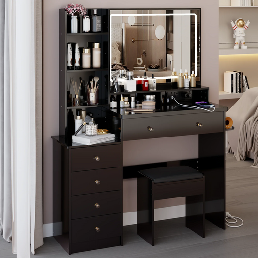 Vanity Set with Mirror and Lights, Modern 41" Lighted Makeup Vanity Table Set with Charging Station, Vanity Desk with Chair Set for Girls, Dressing Table with Drawers for Bedroom, Black