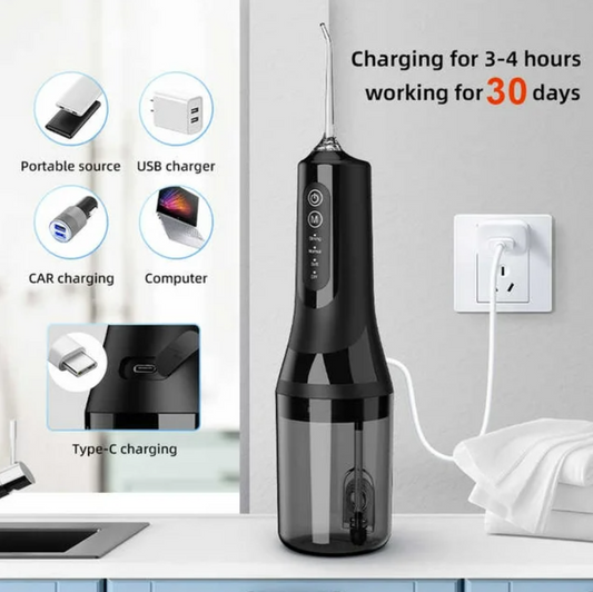 FETERVIC Water Dental Flosser for Teeth  Cordless Oral Irrigator, 8 Jet Tips, 4 Modes, 360  Nozzle, 260ML Rechargeable, IPX7 Waterproof for Home  Travel（Black）