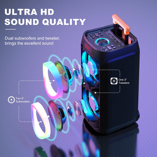 FanFun Large Party Speaker, 8" Big Bluetooth Party Speaker with 500W Peak Power, PA System with LED Disco Light, Rolling Wheels and Trolley, Perfect for Outdoor Home