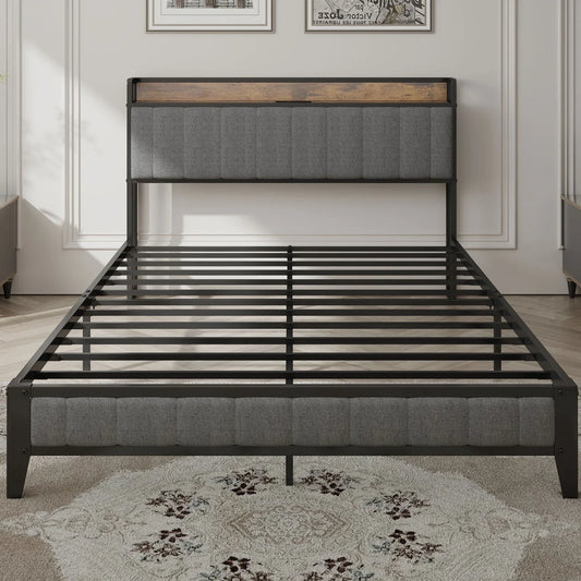 PAPROOS Full Bed Frame with Storage Headboard and Charging Station, Full Size Upholstered Platform Bed, No Box Spring Needed, Gray