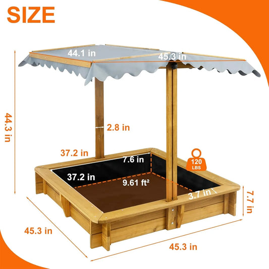 PETSCOSSET Sandbox with Cover, Sand Box with 4 Reinforced Benches, UV-Resistant & Adjustable Height Roof, Bottom Liner, Wooden Sand Boxes with Lid for Kids Outdoor, Gift for Ages 2-8, 45x45 Inches