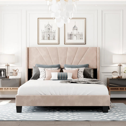 PORKISS Queen Upholstered Platform Bed, Wood Queen Bed Frame with Velvet Headboard, Modern Queen Size Bed for Adults Kids, Box Spring Needed, Beige