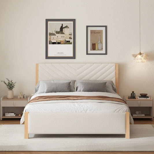 SESSLIFE Upholstered Platform Bed Frame with Tufted Headboard, Modern Queen Size Bed Frame with Solid Wood Legs, Mid-Century Platform Bed for Adults Kids, No Box Spring Needed, Beige