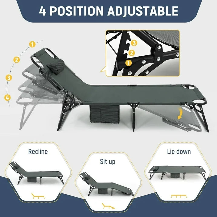 GVDV Portable Folding Camping Cot  2 Sided Comfort Mattress  Pillow, Multi Position Folding Lounge Chair, Oversized Folding Bed Cot for Outdoor, Home, Office
