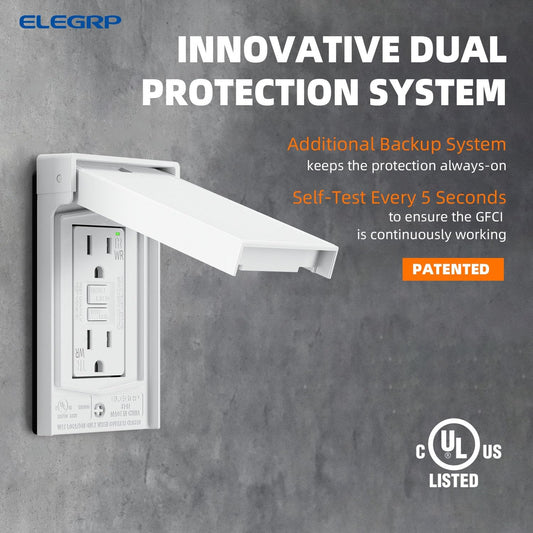 ELEGRP Outdoor GFCI Outlet with Cover, Weather Resistant GFCI Receptacle and Wall Plate, 15 Amp Self-Test GFI Outlet, Thinner Design Ground Fault Receptacle, UL Listed, Matte White, 1 Pack