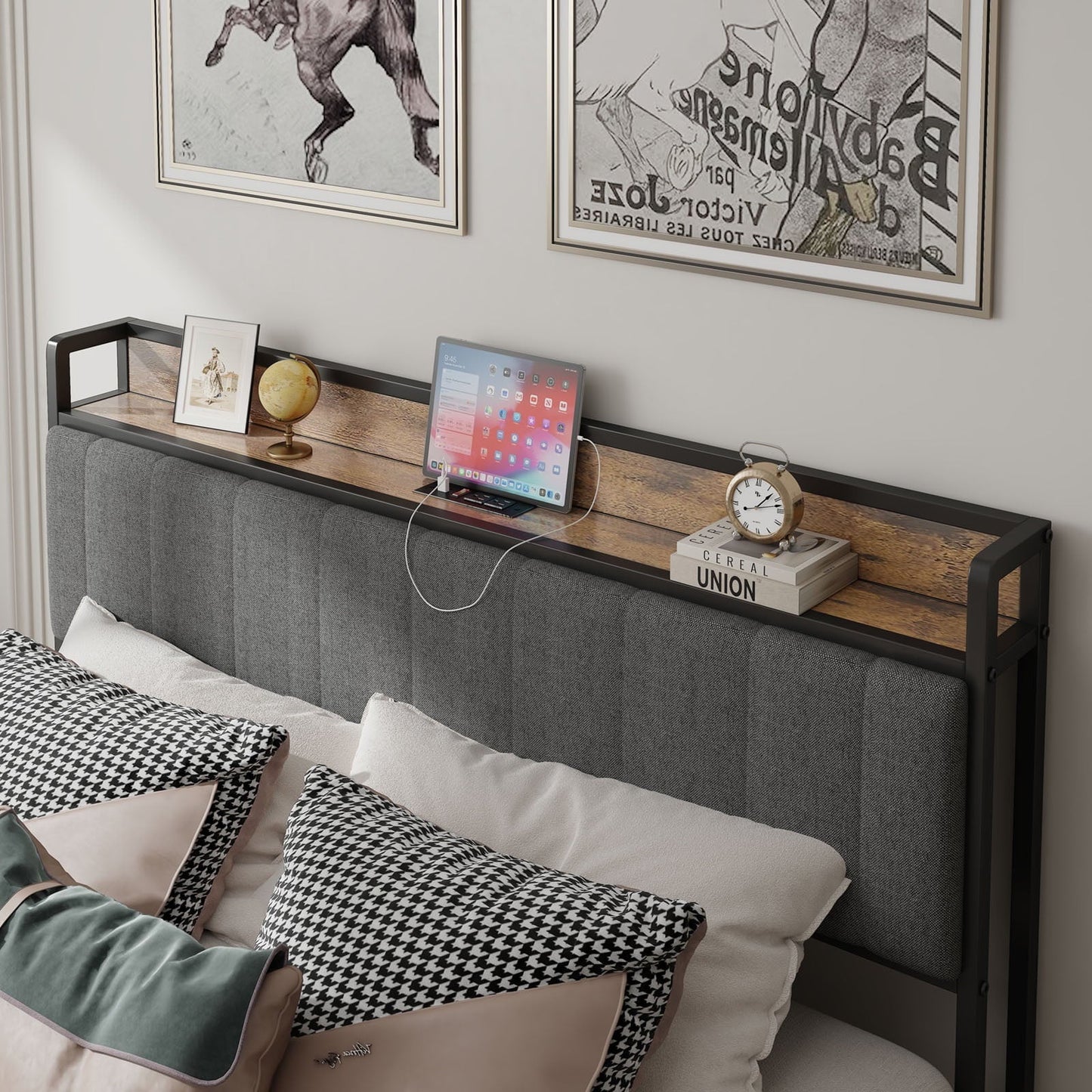 PAPROOS Full Bed Frame with Storage Headboard and Charging Station, Full Size Upholstered Platform Bed, No Box Spring Needed, Gray
