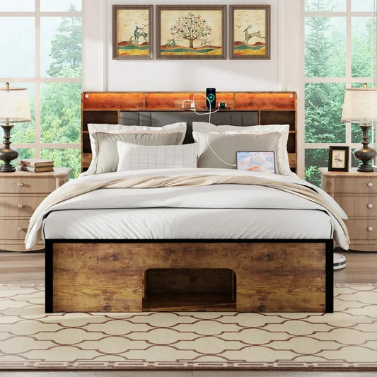 Sesslife Queen Size LED Bed Frame with Pet Bed, Platform Bed with Upholstered Storage Headboard and Charging Station, Modern Wood Bed Frame with Large Under Bed Storage, No Box Spring Needed, Brown