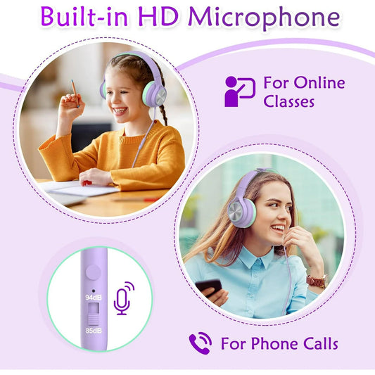 Seenda Wired Kids Headphones with Microphone, 90  Rotatable Earpads, and Upgraded Type C Connection, 85/94dB Safe Volume, On Ear Headphones for Boys/Girls/School/Tablet, Green/Purple, New