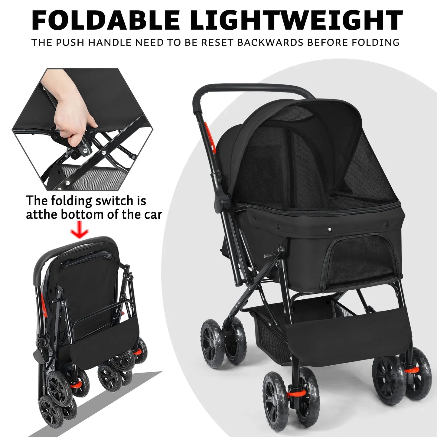 Wedyvko Pet Strollers with Reversible Handle for Small Medium Dogs with Mesh Windows, Removable Liner (Black)