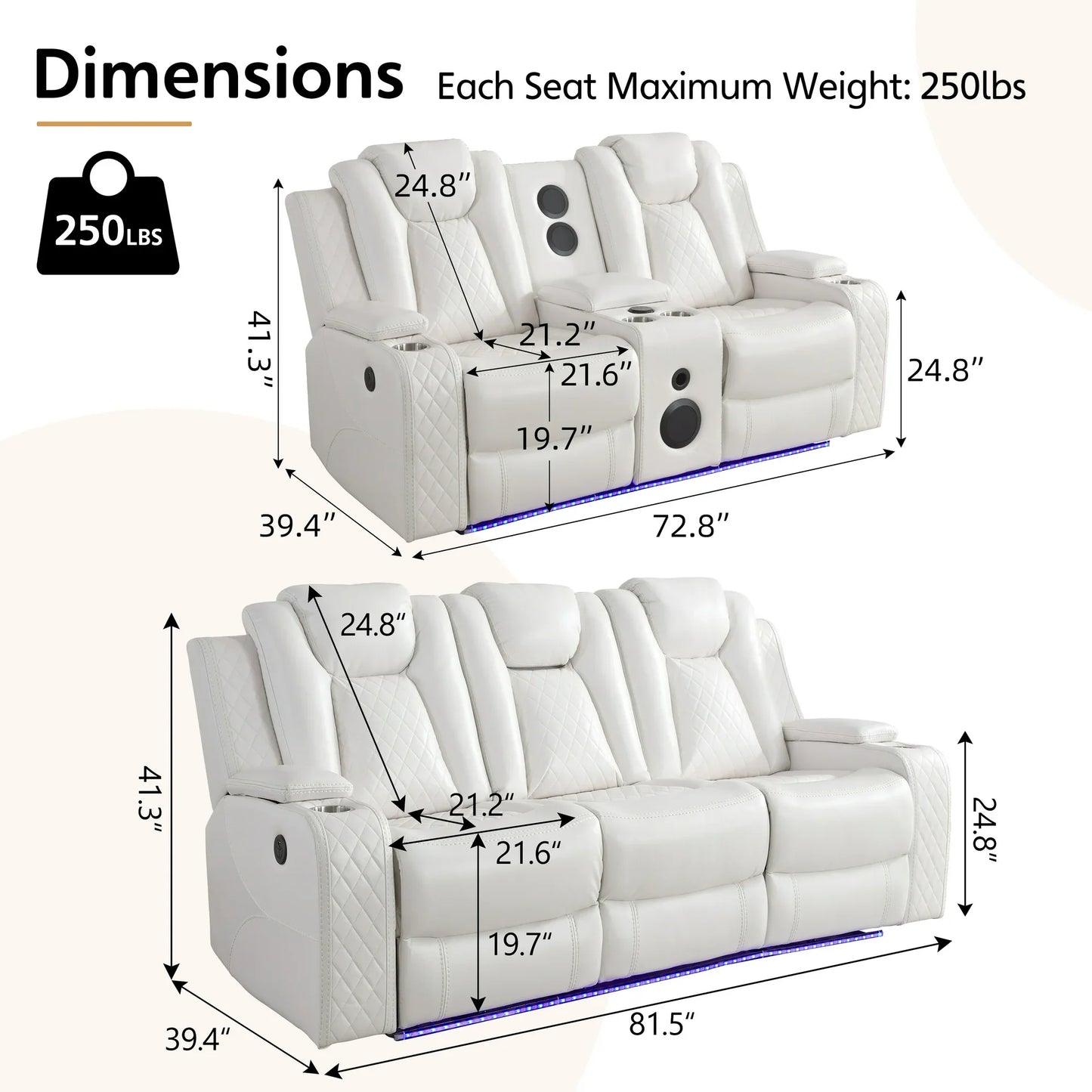 Othniel 2PCS Power Recliner Sofa Sets with Bass Speaker,Wireless Charger LED Light,USB Port,White