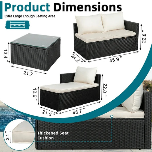 Carpet Outdoor Sectional Patio Furniture Sofa Set with Cushion & Glass Table,White