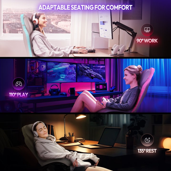 Dowinx RGB LED Gaming Chair with Massage Lumbar Support Footrest  Ergonomic PU Leather Video Game Chair for Adults, White