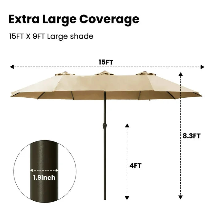 Greforg 15FT Triple Outdoor Patio Umbrella with Base Included  Vented Canopy, Waterproof  UV Protection, Ideal for Garden, Deck, Poolside, and Restaurant Beige