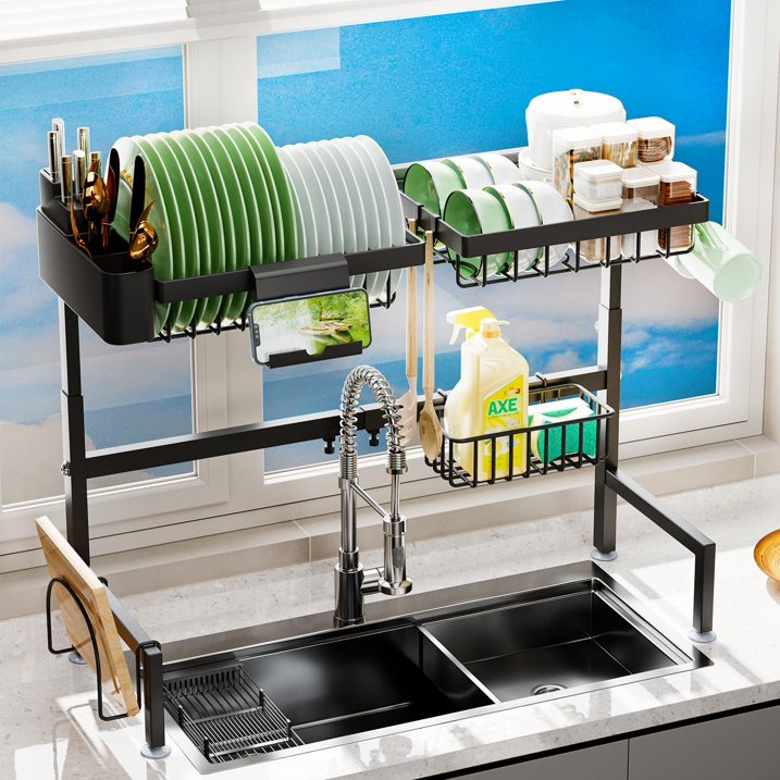 Over The Sink Dish Drying Rack (Expandable Height and Length) Snap-On Design 2 Tier Large Dish Rack (23" - 34" L x 11" W x 19" - 21.5" H)