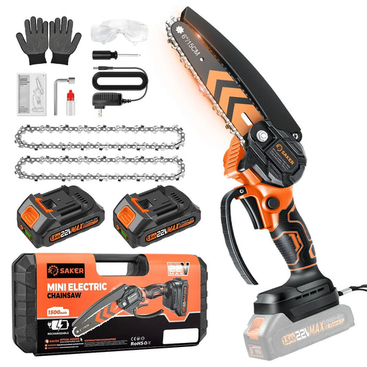 Saker 6 inch Cordless Mini Chainsaw with 2 22V 1500mAH Batteries, Portable Handheld Chainsaw with LED Indicator for Tree Trimming, Gardening, and Household Use, Orange